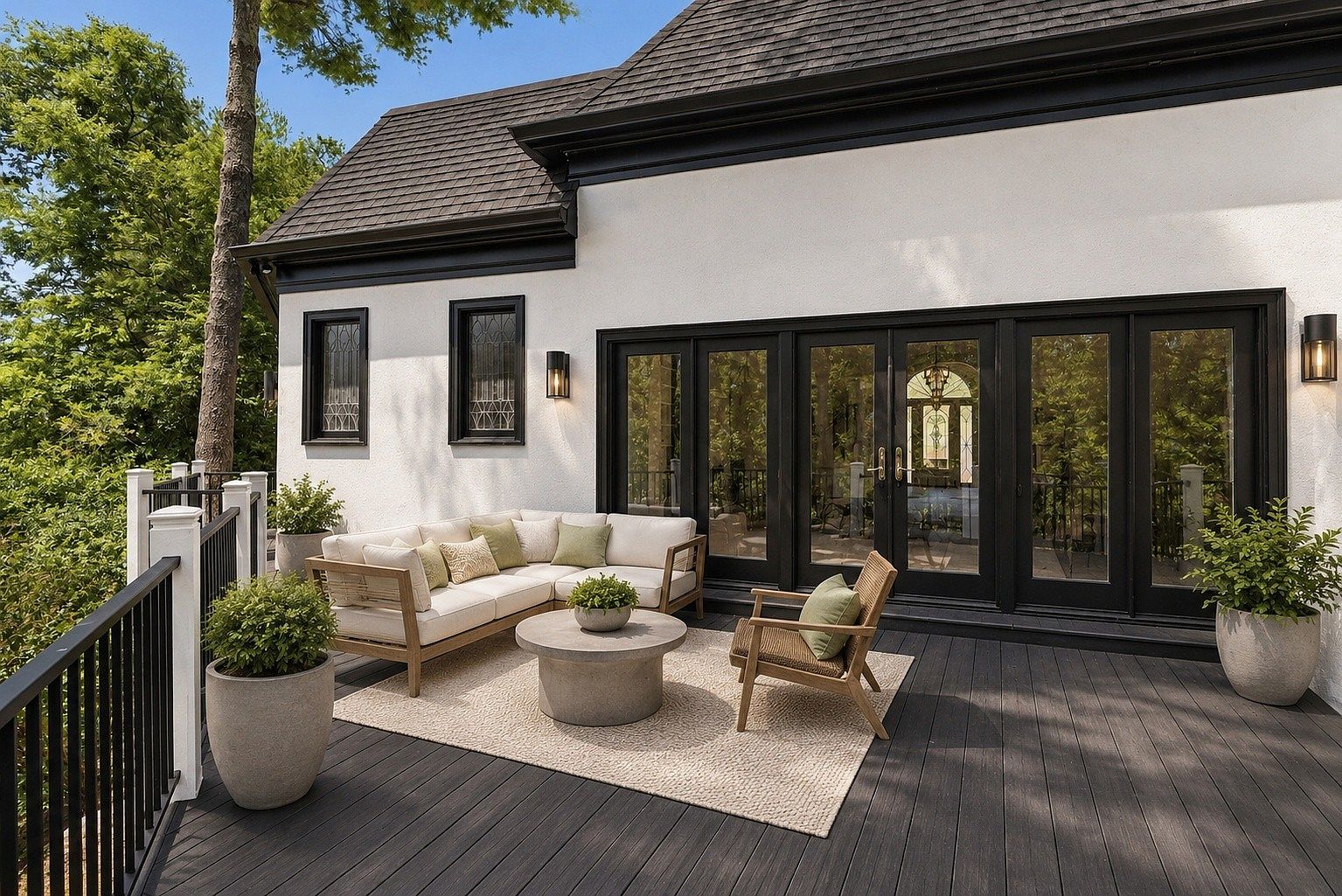Rear deck at 105 Burlington Ct with wide folding glass doors, a linen sectional, a concrete coffee table, and evergreens rising beside the railing